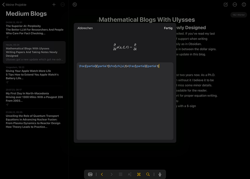 Screenshot of Ulysses' new equation editor feature