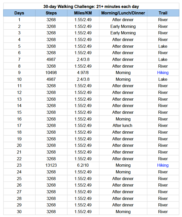 Walking Challenge Results Chart