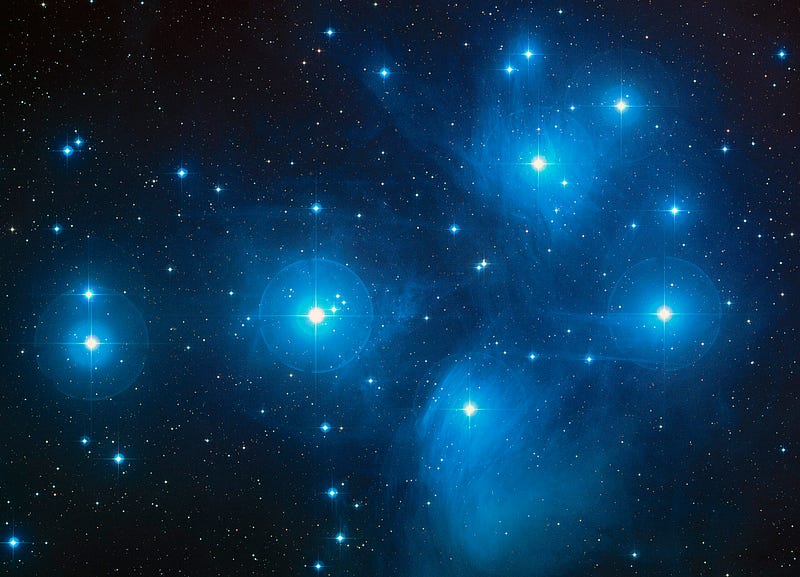 Pleiades cluster stars in the night sky