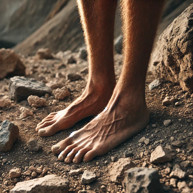 Vulnerable human feet on harsh terrain, highlighting fragility.