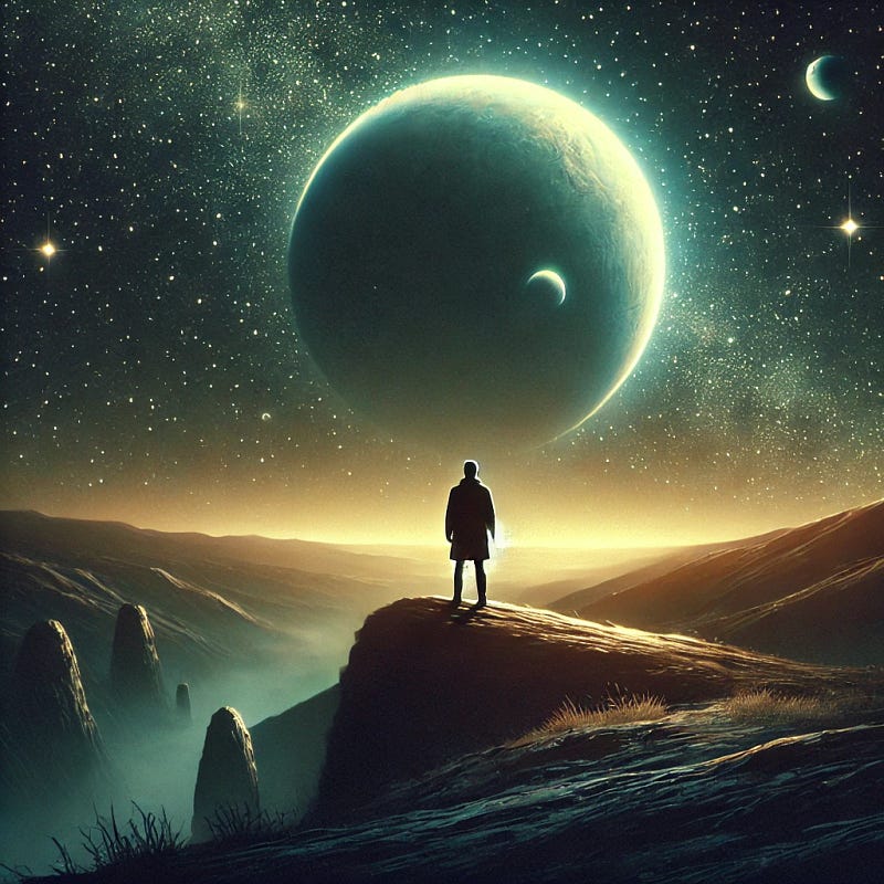 A figure gazes at a large glowing planet, symbolizing exploration.