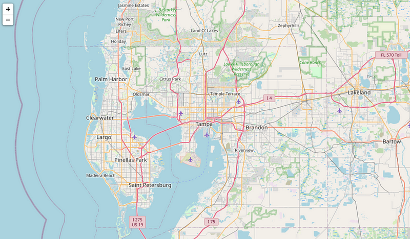 Map centered on Tampa, Florida