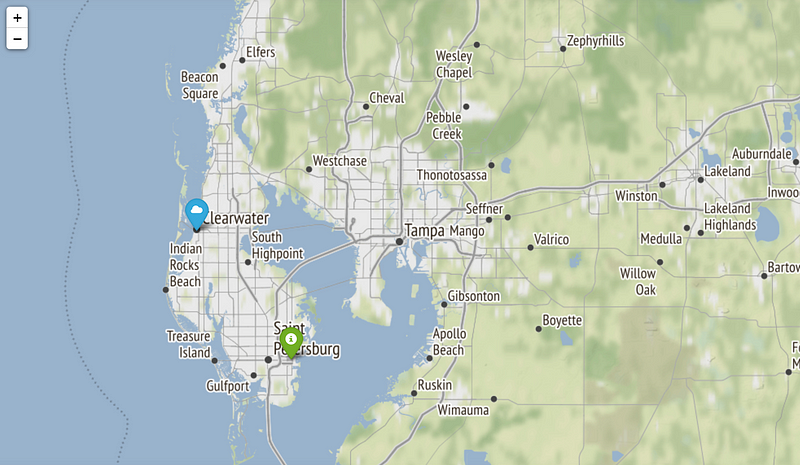 Map of Tampa with markers for Clearwater and St. Petersburg