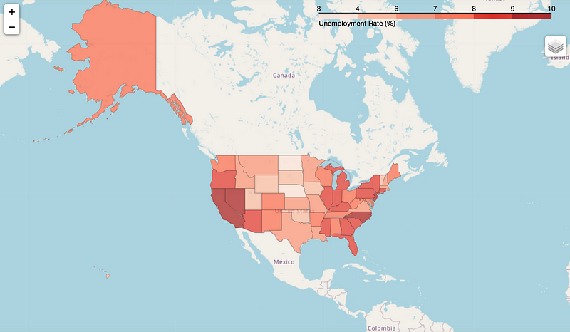 Choropleth map displaying U.S. unemployment rates