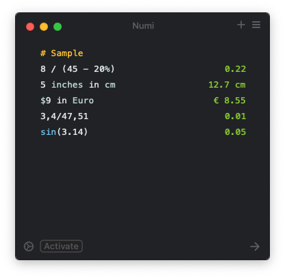 Performing calculations with Numi