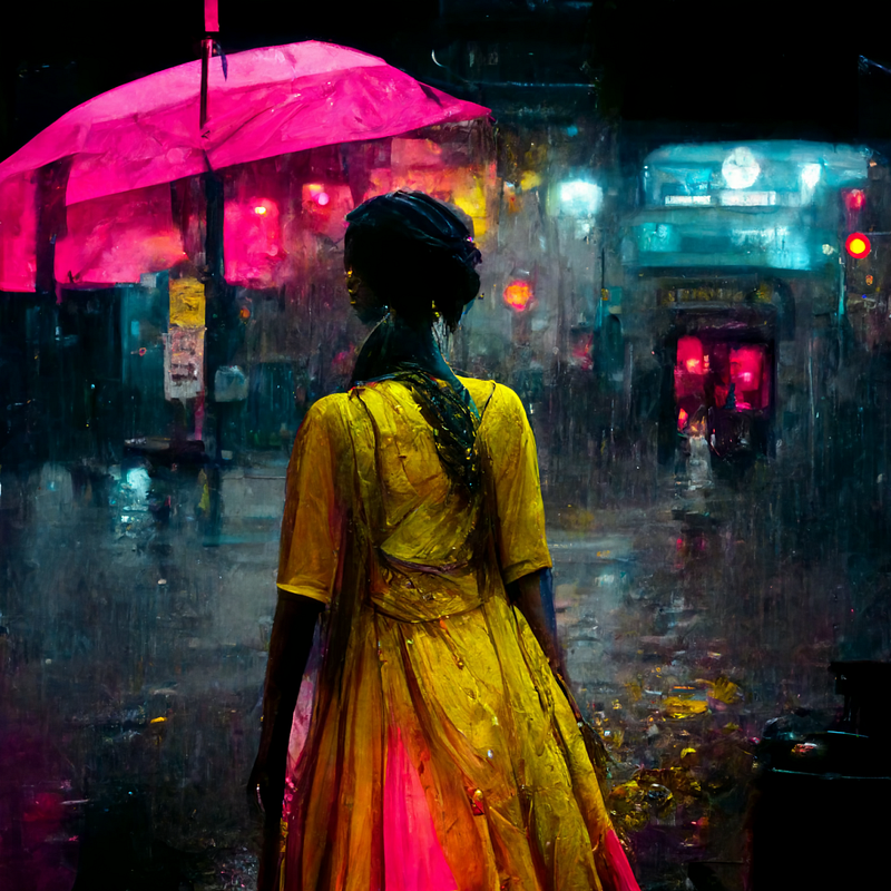 A mesmerizing scene capturing Indian rain in neon lights.