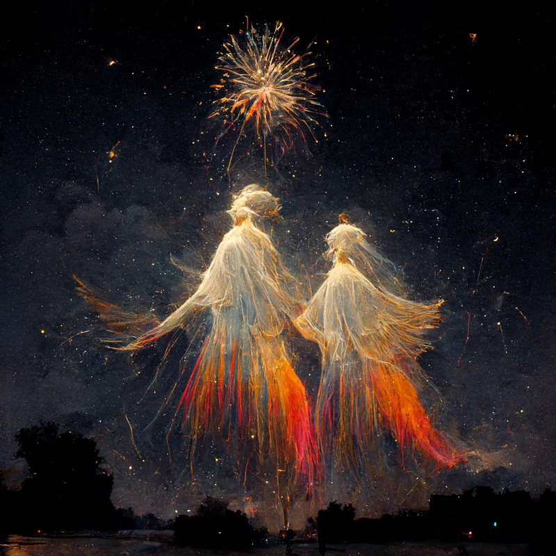 Lovers depicted as angels amidst a backdrop of fireworks.