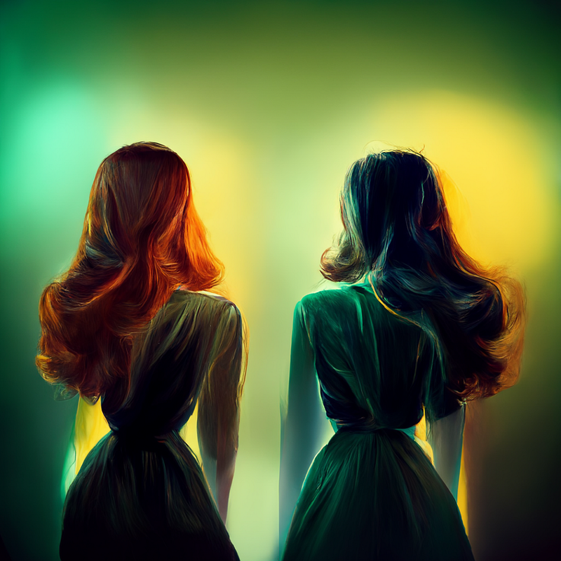 Two friends in silk dresses illuminated by city lights.