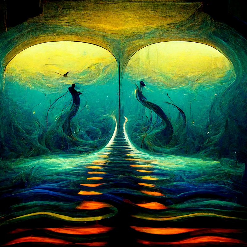 An enchanting depiction of dancing in a dreamlike ocean.