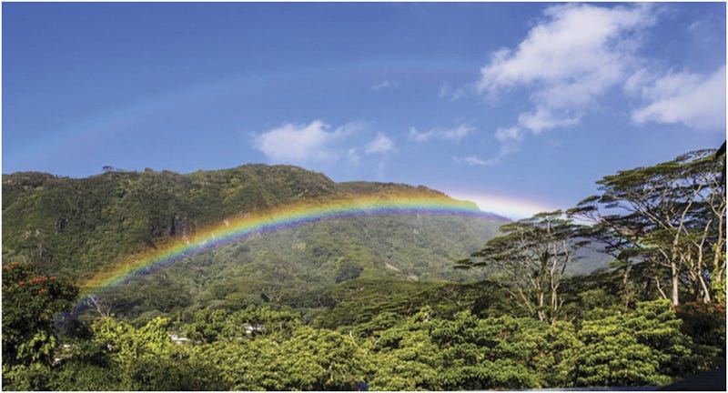 A stunning rainbow arching over a Hawaiian landscape.