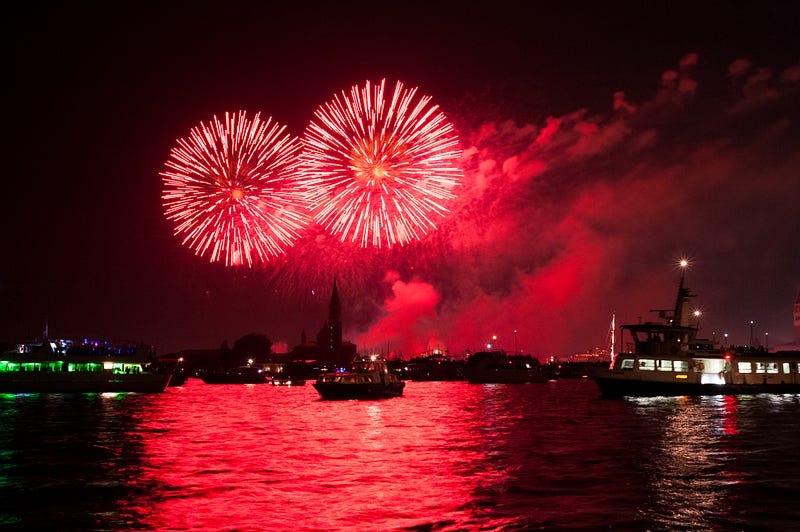 Ruby red fireworks lighting up the sky