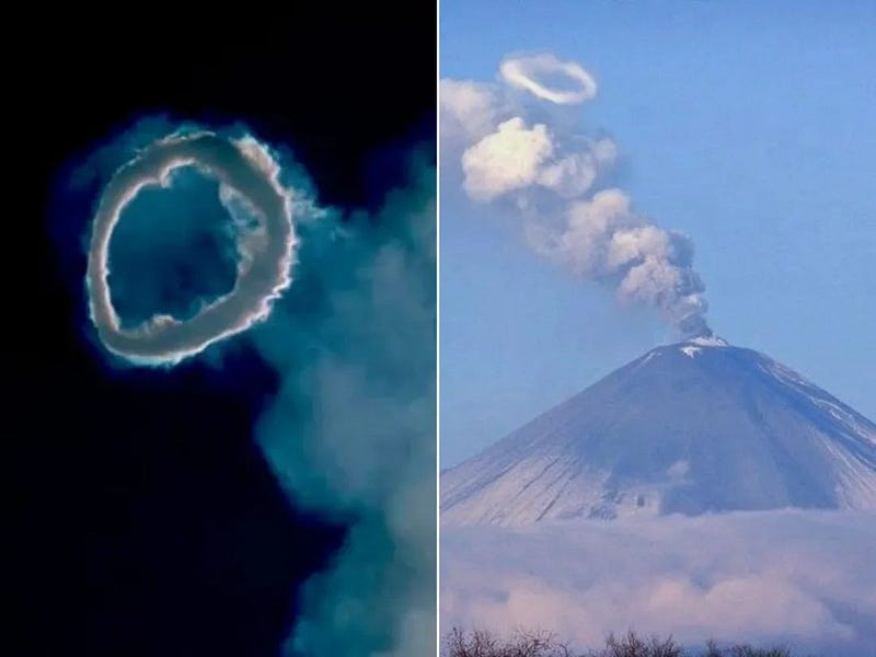 A volcano emitting smoke rings.