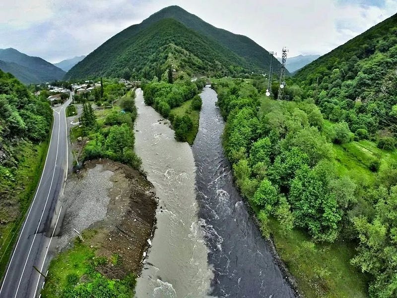 Two merging rivers, one clear and one murky.