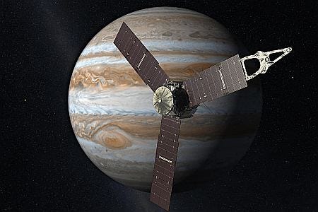 An artistic representation of Juno orbiting Jupiter.