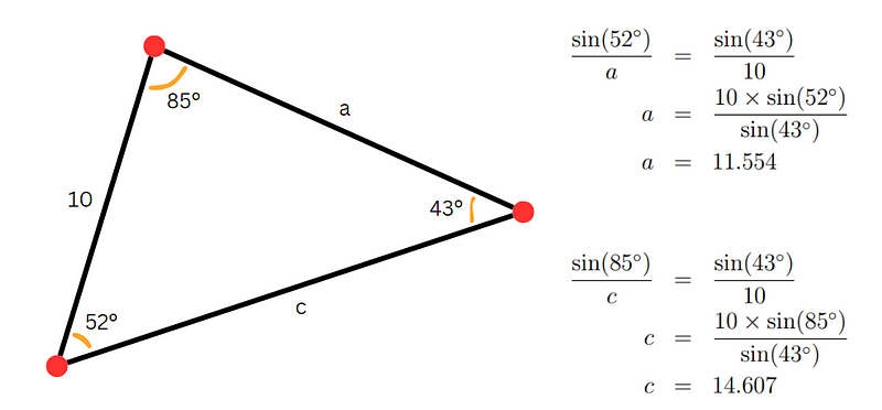 Example of sine rule calculations