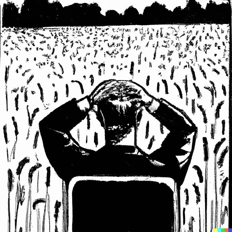 Dall-E prompt “Stressed teacher in a field, linocut”